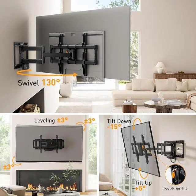 Alt view image 5 of 7 - Full Motion TV Wall Mount with Power Strip for 4290 Inch TVs up to 150 lbs Pre-Assembled TV Mount Has Smooth Swivel Tilt Extension Max VESA 600x400mm 12/16/24 Wood Studs PGLF11