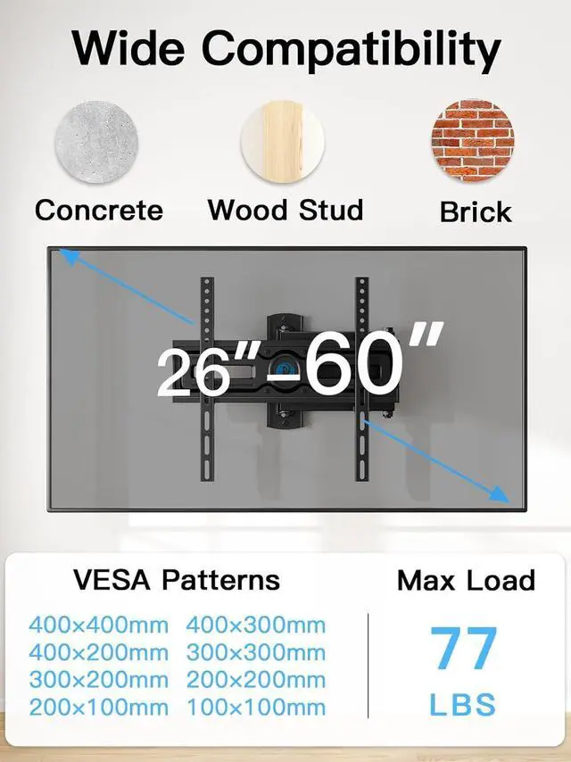 Alt view image 2 of 7 - Full Motion TV Wall Mount for Most 26-60 inch Flat & Curved TVs up to 77 lbs Adjustable Bracket Height Single Articulating Arm Extension Max VESA 400x400mm PIMF9