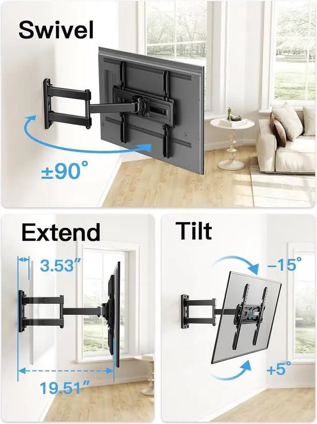 Alt view image 6 of 7 - Full Motion TV Wall Mount for Most 26-60 inch Flat & Curved TVs up to 77 lbs Adjustable Bracket Height Single Articulating Arm Extension Max VESA 400x400mm PIMF9