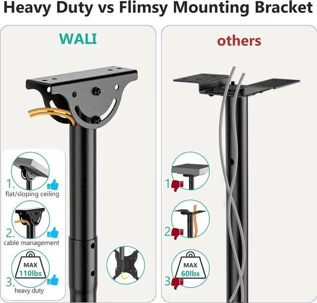 Alt view image 5 of 7 - TV Ceiling Mount Adjustable Bracket Fits Most LED LCD OLED and Plasma Flat Screen Display 26 to 65 Inch up to 110 Lbs Mounting Holes 400x400mm (CM2665) Black