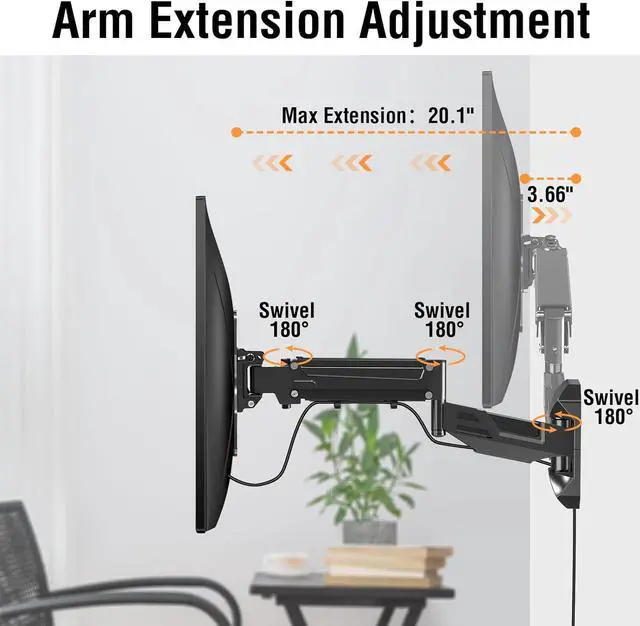 Alt view image 5 of 7 - ELIVED Height Adjustable TV Wall Mount for Most 23-55 Inch TVs, Spring Arm Full Motion Swivel Tilt Articulating TV Mount Bracket, Max VESA 400x400mm, Support 11-66 lbs, YD1010