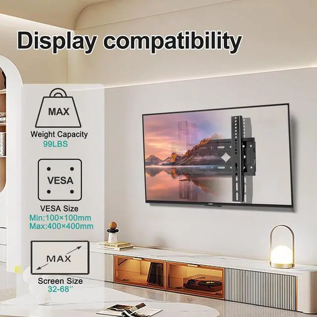 Alt view image 2 of 7 - Fixed TV Wall Mount for Most 32-68 Inch 4K,LED, LCD and Plasma TVs,TV Wall Bracket VESA Up to 400x400mm,Weight Capacity 99lbs,Low Profile Wall Mount tv Bracket 40 43 50 55 60 65 Inch