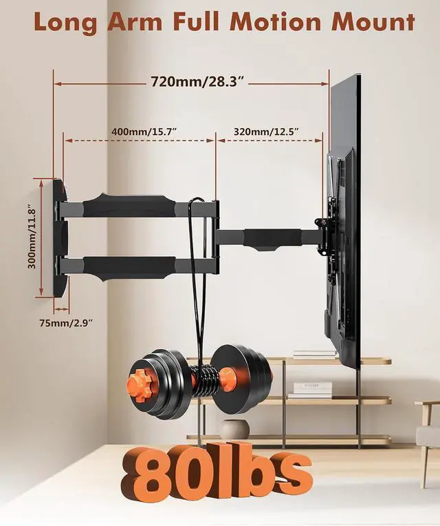 Alt view image 2 of 6 - 28.3" Long Arm TV Wall Mount for Most 26-65 Inch TV, Full Motion Corner Wall Mount TV Bracket with Extension Arm Articulating, Swivel and Tilt, Max VESA 400x400mm and Up to 80 lbs