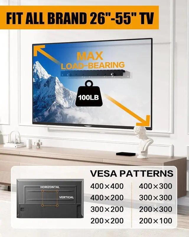 Alt view image 2 of 7 - No Drill TV Wall Mount for 2655 Inch TVs, Includes 26,32,50,55 Inch Models, Studless Narrow Wall TV Stand, Slim Drywall TV Bracket, Max VESA 400×400 mm Supports Up to 100 lbs, Easy Install