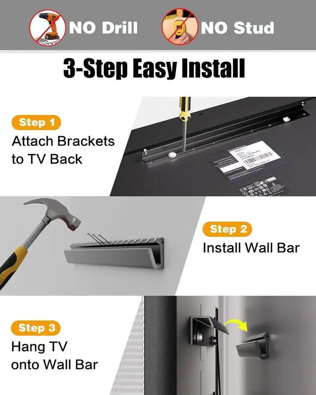 Alt view image 3 of 7 - No Drill TV Wall Mount for 2655 Inch TVs, Includes 26,32,50,55 Inch Models, Studless Narrow Wall TV Stand, Slim Drywall TV Bracket, Max VESA 400×400 mm Supports Up to 100 lbs, Easy Install