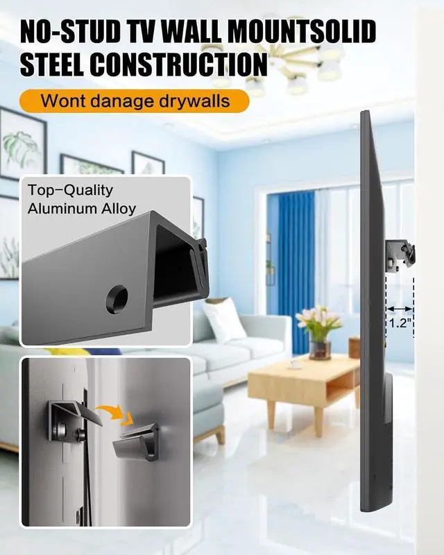 Alt view image 4 of 7 - No Drill TV Wall Mount for 2655 Inch TVs, Includes 26,32,50,55 Inch Models, Studless Narrow Wall TV Stand, Slim Drywall TV Bracket, Max VESA 400×400 mm Supports Up to 100 lbs, Easy Install