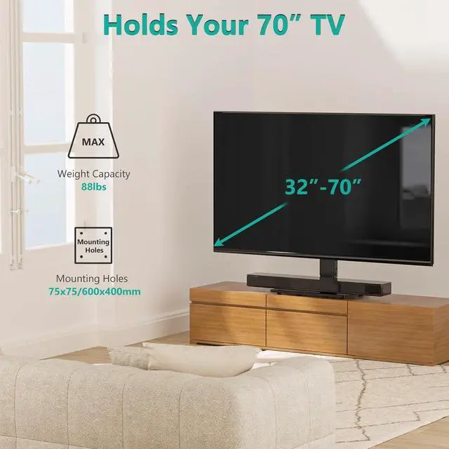 Alt view image 3 of 7 - WALI TV Stand with Power Outlet, Universal TV Mount Stand for 32-70 inch TVs, 6 Height Adjustable and 70° Swivel TV Mount Stand Holds up to 88lbs, Max VESA 600x400mm(TVDVD-5P)