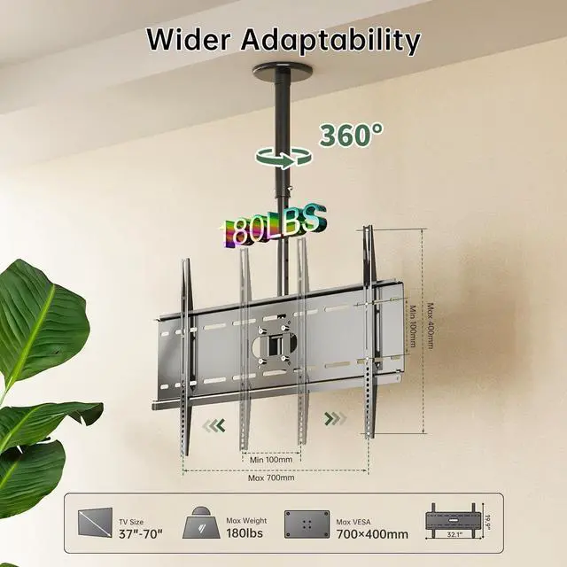Alt view image 2 of 6 - TV Ceiling Mount - Height Adjustable Bracket, Hanging Tilt 15 Swivel 360 Rotation Full Motion Pole Mount for 37-70" TVs, Up to 180 lbs, 700x400mm VESA Max, Black