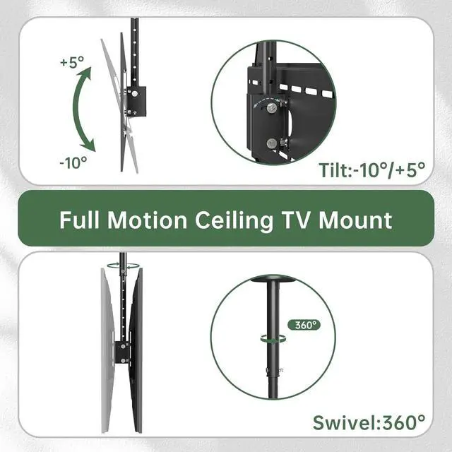 Alt view image 4 of 6 - TV Ceiling Mount - Height Adjustable Bracket, Hanging Tilt 15 Swivel 360 Rotation Full Motion Pole Mount for 37-70" TVs, Up to 180 lbs, 700x400mm VESA Max, Black