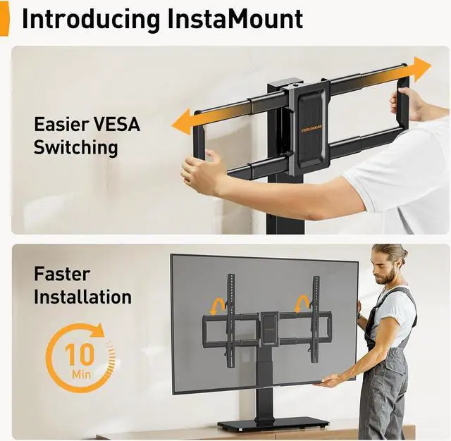 Alt view image 2 of 7 - Perlegear Swivel TV Stand - Universal Height Adjustable Tabletop Mount for 37-80 inch TVs, Holds up to 99 lbs, Preassembled InstaMount Front Support, Max VESA 600x400mm, PGTVS28