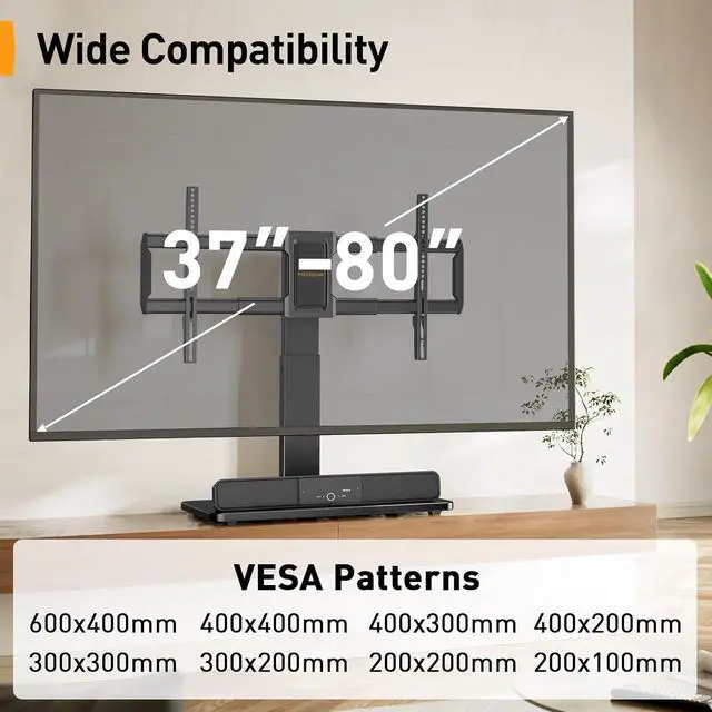 Alt view image 3 of 7 - Perlegear Swivel TV Stand - Universal Height Adjustable Tabletop Mount for 37-80 inch TVs, Holds up to 99 lbs, Preassembled InstaMount Front Support, Max VESA 600x400mm, PGTVS28
