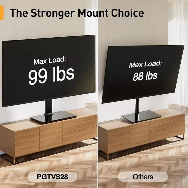 Alt view image 4 of 7 - Perlegear Swivel TV Stand - Universal Height Adjustable Tabletop Mount for 37-80 inch TVs, Holds up to 99 lbs, Preassembled InstaMount Front Support, Max VESA 600x400mm, PGTVS28