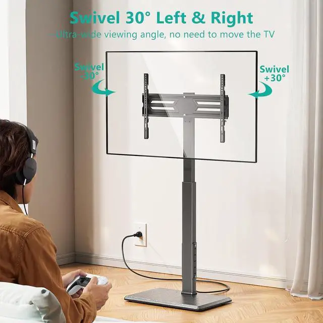 Alt view image 4 of 7 - WALI Floor TV Stand with Power Outlet, Tall TV Stand Mount for 32-75 inch TV up to 110 lbs, Swivel and Height Adjustable TV Stands with Wood Base for Bedroom, Office(TVDVD-7P), Black