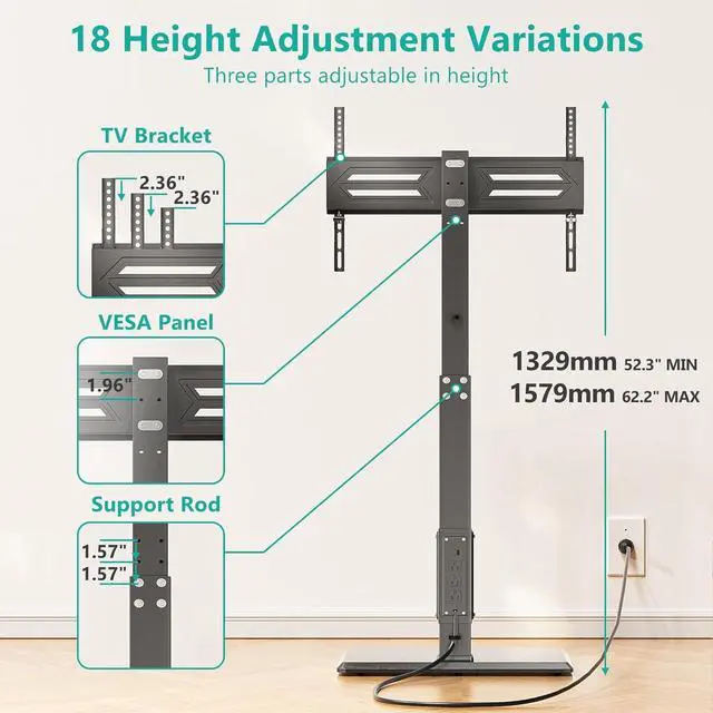 Alt view image 3 of 7 - WALI Floor TV Stand with Power Outlet, Tall TV Stand Mount for 32-75 inch TV up to 110 lbs, Swivel and Height Adjustable TV Stands with Wood Base for Bedroom, Office(TVDVD-7P), Black