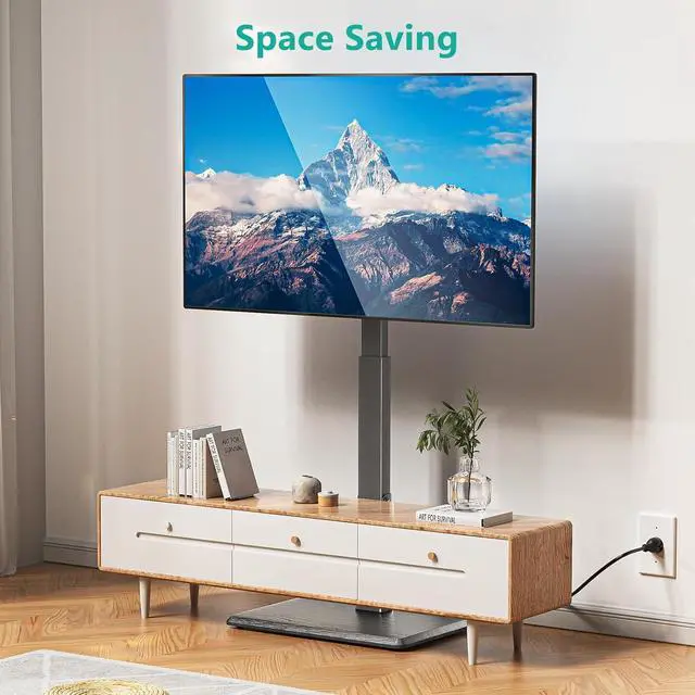 Alt view image 6 of 7 - WALI Floor TV Stand with Power Outlet, Tall TV Stand Mount for 32-75 inch TV up to 110 lbs, Swivel and Height Adjustable TV Stands with Wood Base for Bedroom, Office(TVDVD-7P), Black