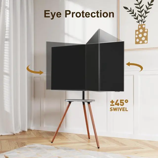 Alt view image 4 of 7 - Tripod Easel TV Stand for 40 to 65 Inch LCD LED OLED Screen, Height Adjustable and Swievel TV Stand, Portable Corner TV Floor Stand with Wooden Tray, VESA 400x400mm, Minimalist Black Walnut