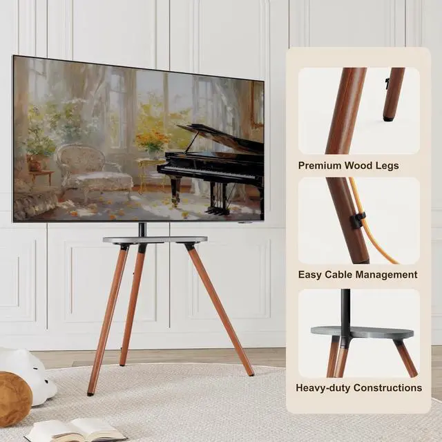 Alt view image 5 of 7 - Tripod Easel TV Stand for 40 to 65 Inch LCD LED OLED Screen, Height Adjustable and Swievel TV Stand, Portable Corner TV Floor Stand with Wooden Tray, VESA 400x400mm, Minimalist Black Walnut