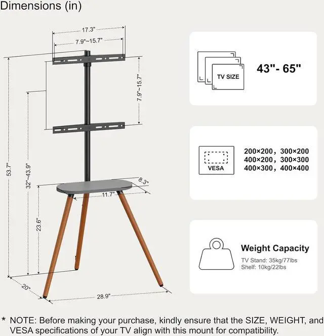 Alt view image 7 of 7 - Tripod Easel TV Stand for 40 to 65 Inch LCD LED OLED Screen, Height Adjustable and Swievel TV Stand, Portable Corner TV Floor Stand with Wooden Tray, VESA 400x400mm, Minimalist Black Walnut