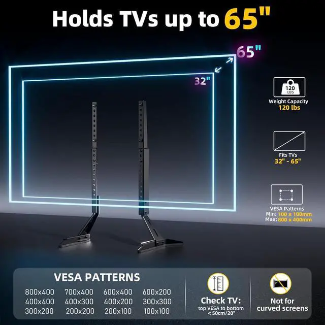 Alt view image 2 of 6 - Universal TV Stand Base Replacement,Metal TV Legs-7 Level Height Adjustable,Desktop TV Stand Mount with Extra Long Legs for Most 32"-65" TVs Supports Max VESA 800x400mm Holds up to 120 LBS
