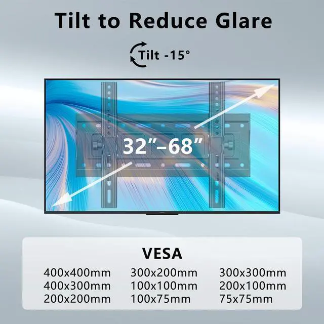 Alt view image 4 of 7 - Tilting TV Wall Mount Bracket for Most 32-68 inch LCD, Plasma Flat Screen TVs Tilt Bracket Max VESA 400x400mm up to 132 lbs, 15° Tilting for Anti-Glaring Adjustable Tilting TV Bracket.