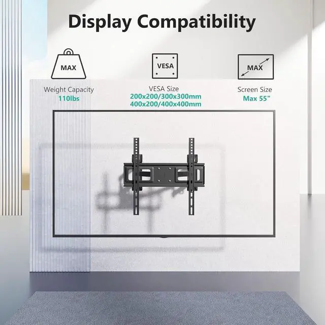 Alt view image 2 of 7 - WALI Corner TV Wall Mount for 26-55 inch Flat Curved TVs, Full Motion Corner Bracket for LED, LCD, OLED Screens up to 110lbs, 400x400mm Mounting Holes, Black