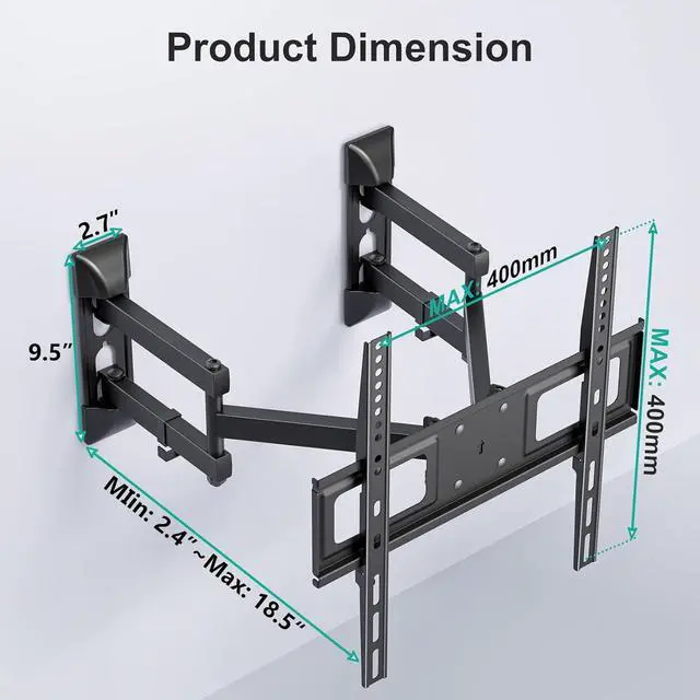 Alt view image 4 of 7 - WALI Corner TV Wall Mount for 26-55 inch Flat Curved TVs, Full Motion Corner Bracket for LED, LCD, OLED Screens up to 110lbs, 400x400mm Mounting Holes, Black
