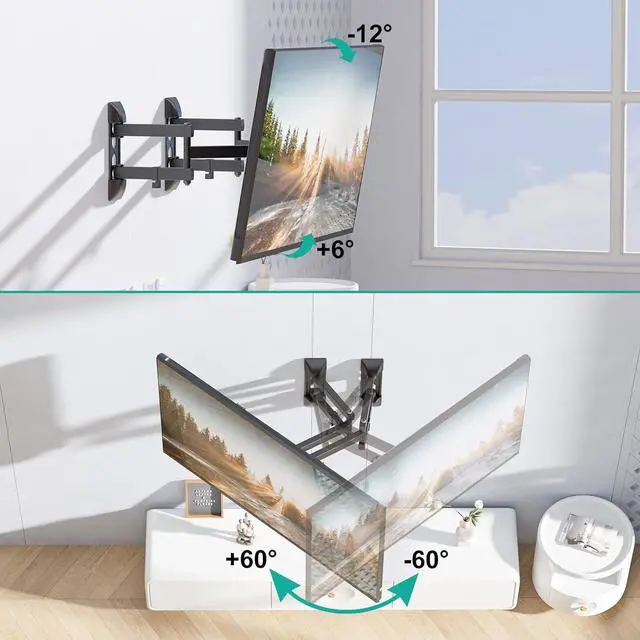 Alt view image 5 of 7 - WALI Corner TV Wall Mount for 26-55 inch Flat Curved TVs, Full Motion Corner Bracket for LED, LCD, OLED Screens up to 110lbs, 400x400mm Mounting Holes, Black