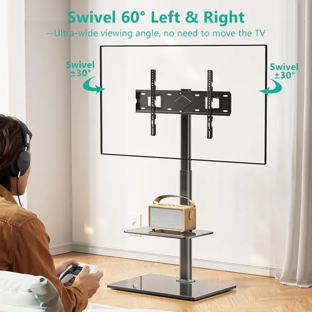 Alt view image 4 of 7 - WALI TV Floor Stand for 32-70inch TVs up to 88lbs, Universal Floor TV Stand Mount, Swivel and Height Adjustable Tall TV Stand with Tempered Glass Base and Shelf for Living Room,Bedroom,Office(TVDVD-6)