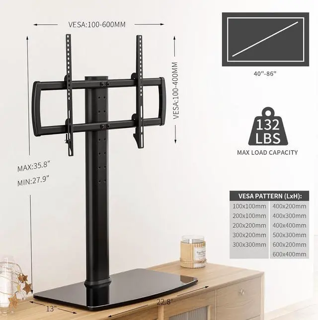 Alt view image 4 of 7 - Universal TV Stand/Base Tabletop TV Stand with Wall Mount for 40 to 86 inch 5 Level Height Adjustable, Heavy Duty Tempered Glass Base, Holds up to 132lbs Screens, HT03B-003