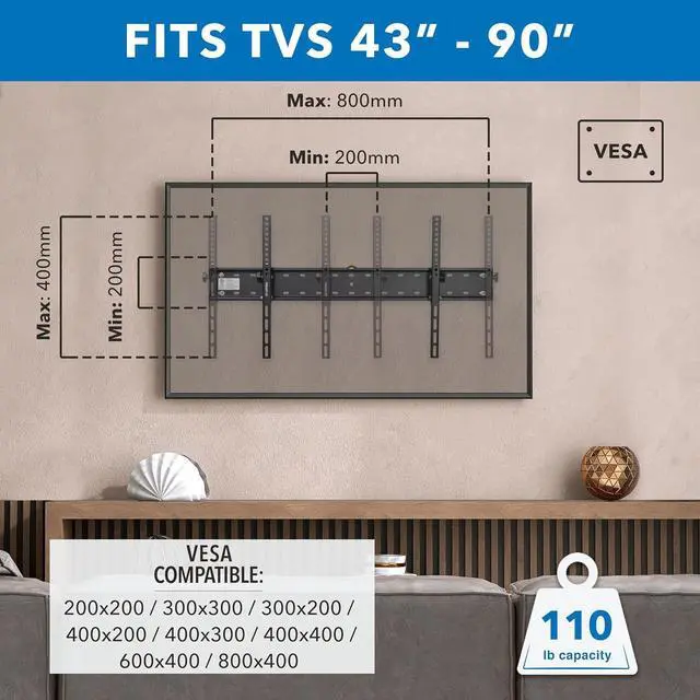 Alt view image 4 of 7 - Mount-It! UL Certified Tilting TV Wall Mount for Most 43-90 Inch Flat Screen TVs, Heavy Duty Wall Mount TV Bracket Max VESA 800x400, Holds up to 440 lb, Tilting TV Wall Mount 70 inch, 80 inch, 90 inch