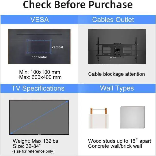 Alt view image 5 of 7 - Suptek Full Motion TV Wall Mount for 32 to 84 Inch TV, Swivel and Tilt with Articulating Dual Arms, Max VESA 600X400mm, Holds up to 132lbs, Fits Max 16" Wood Studs, MA01A