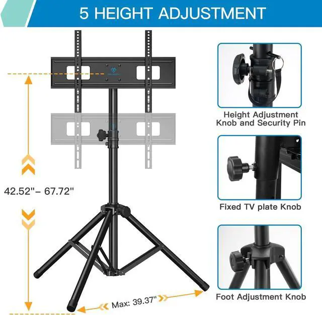 Alt view image 4 of 7 - PERLESMITH Tripod TV Stand -Portable TV Stand for 37-85 Inch LED LCD OLED Flat Screen TVs-Height Adjustable Display TV Floor Stand with VESA 600x400mm, Holds up to 110lbs PSTM2