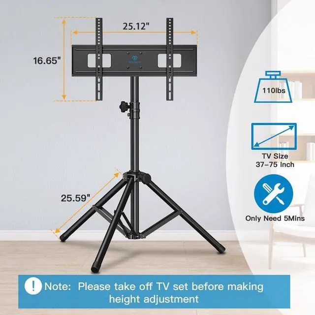 Alt view image 6 of 7 - PERLESMITH Tripod TV Stand -Portable TV Stand for 37-85 Inch LED LCD OLED Flat Screen TVs-Height Adjustable Display TV Floor Stand with VESA 600x400mm, Holds up to 110lbs PSTM2