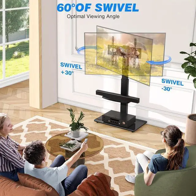 Alt view image 2 of 7 - Rfiver Floor TV Stand with Mount for 32-70 inch TVs up to 110lbs, 12 Level Height Adjustable & Swivel TV Stand with Dual Storage Shelves, Heavy-Duty Tall TV Stands for Bedroom, Corner, Living Room