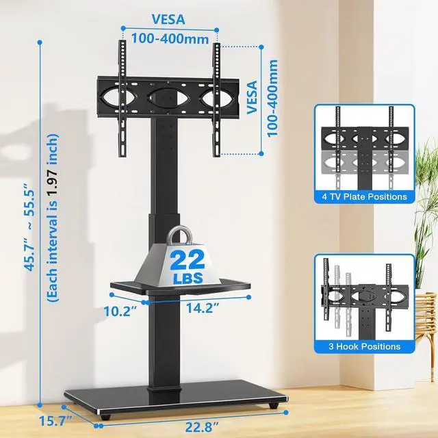 Alt view image 3 of 7 - Rfiver Floor TV Stand with Mount for 32-70 inch TVs up to 110lbs, 12 Level Height Adjustable & Swivel TV Stand with Dual Storage Shelves, Heavy-Duty Tall TV Stands for Bedroom, Corner, Living Room