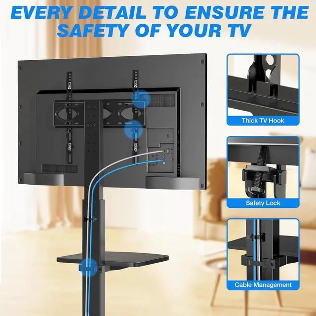Alt view image 5 of 7 - Rfiver Floor TV Stand with Mount for 32-70 inch TVs up to 110lbs, 12 Level Height Adjustable & Swivel TV Stand with Dual Storage Shelves, Heavy-Duty Tall TV Stands for Bedroom, Corner, Living Room