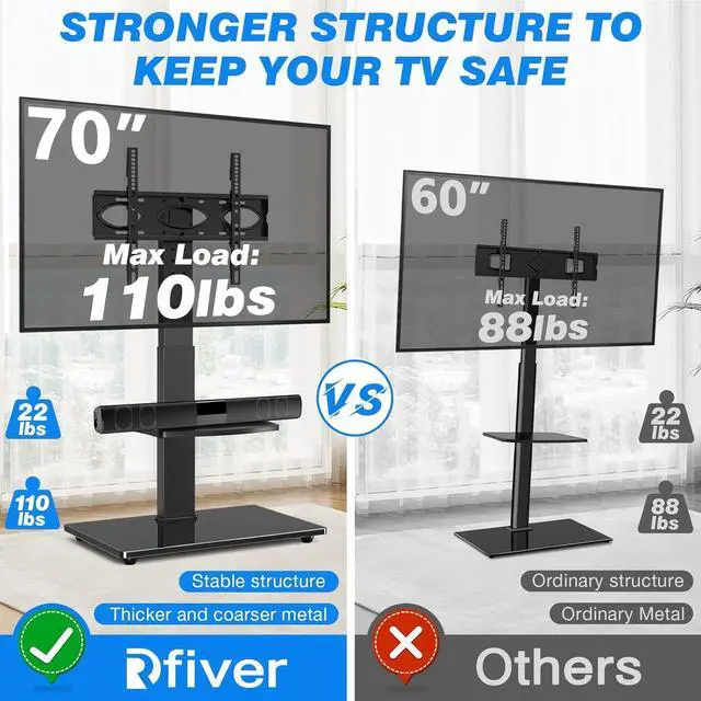 Alt view image 6 of 7 - Rfiver Floor TV Stand with Mount for 32-70 inch TVs up to 110lbs, 12 Level Height Adjustable & Swivel TV Stand with Dual Storage Shelves, Heavy-Duty Tall TV Stands for Bedroom, Corner, Living Room