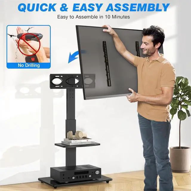 Alt view image 7 of 7 - Rfiver Floor TV Stand with Mount for 32-70 inch TVs up to 110lbs, 12 Level Height Adjustable & Swivel TV Stand with Dual Storage Shelves, Heavy-Duty Tall TV Stands for Bedroom, Corner, Living Room