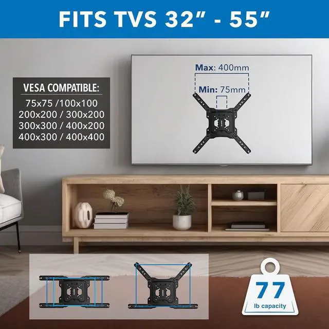 Alt view image 5 of 6 - Mount-It! UL Certified Full Motion TV Wall Mount for Most 32-55 Inch Flat Screen TVs, Articulating TV Bracket Max VESA 400x400, Holds up to 308 lbs, Swivel and Tilt Bracket for 32, 42, 55 inch