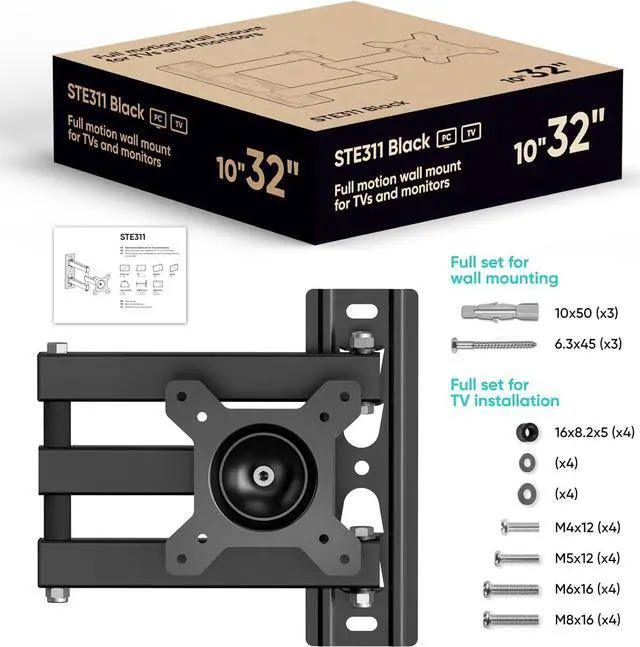 Alt view image 7 of 7 - Small TV Wall Mount for 10-32 Inch Screen up to 33 lbs, Rotating TV Mount Swivel and Tilt Full Motion - 75x75 & 100x100 VESA Monitor Wall Mount Arm/Corner Television Bracket Black