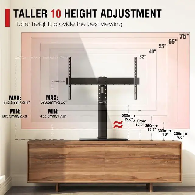 Alt view image 5 of 7 - Universal Swivel TV Stand Base - Table Top TV Stand for 32 to 70 75 Inch TVs, Height Adjustable TV Mount Stand with Tempered Glass Base for Living Room, Bedroom, Holds up to 110lbs, Max VESA 600x400mm