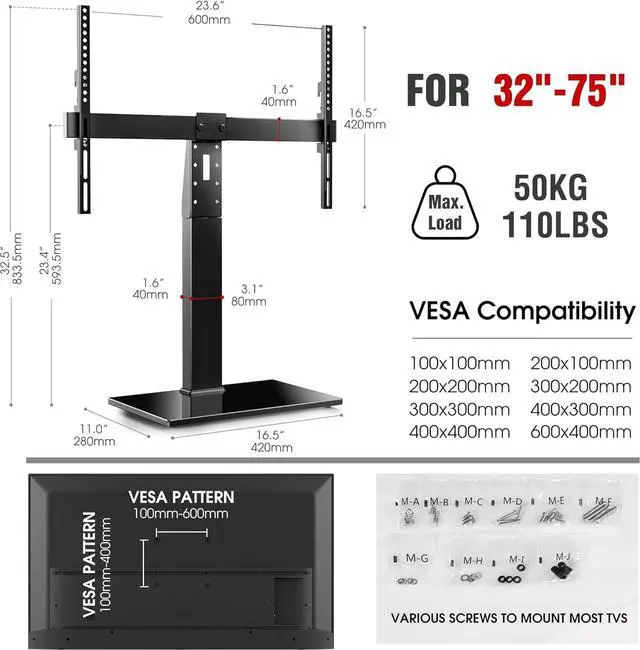 Alt view image 6 of 7 - Universal Swivel TV Stand Base - Table Top TV Stand for 32 to 70 75 Inch TVs, Height Adjustable TV Mount Stand with Tempered Glass Base for Living Room, Bedroom, Holds up to 110lbs, Max VESA 600x400mm