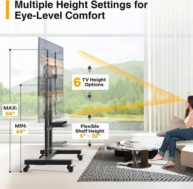 Alt view image 3 of 7 - Rolling TV Stand for 32-83 inch Flat Screen/Curved TVs up to 110 lbs, Height Adjustable Portable TV Stand on Wheels with Metal Laptop Shelf, TV Stands for Living Room, Home and Office Use