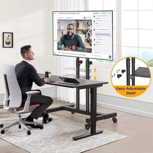 Alt view image 4 of 7 - Rolling TV Stand for 32-83 inch Flat Screen/Curved TVs up to 110 lbs, Height Adjustable Portable TV Stand on Wheels with Metal Laptop Shelf, TV Stands for Living Room, Home and Office Use