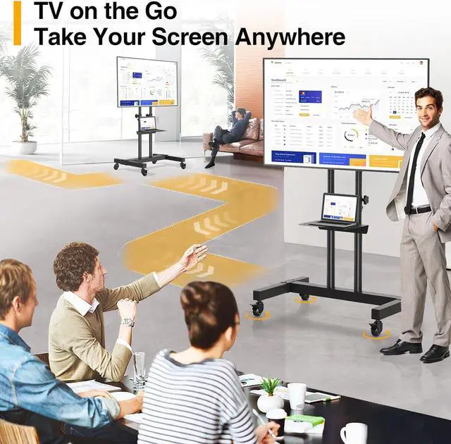 Alt view image 5 of 7 - Rolling TV Stand for 32-83 inch Flat Screen/Curved TVs up to 110 lbs, Height Adjustable Portable TV Stand on Wheels with Metal Laptop Shelf, TV Stands for Living Room, Home and Office Use