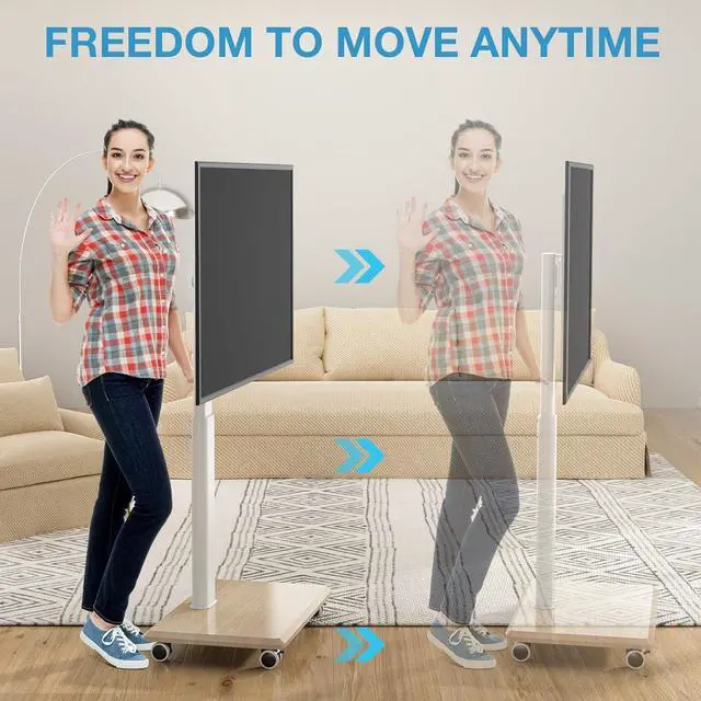 Alt view image 2 of 7 - YOMT Portable Floor TV Stand on Wheels for 32-70 Inch TVs, Tall Universal Rolling TV Stand with Swivel Mount, Elegant Lockable Mobile TV Cart with Wood Base for Living Room, Bedroom, Dorm (White)