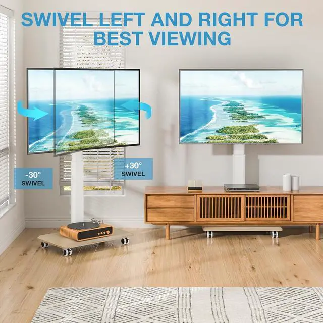 Alt view image 3 of 7 - YOMT Portable Floor TV Stand on Wheels for 32-70 Inch TVs, Tall Universal Rolling TV Stand with Swivel Mount, Elegant Lockable Mobile TV Cart with Wood Base for Living Room, Bedroom, Dorm (White)