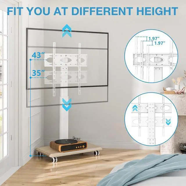 Alt view image 4 of 7 - YOMT Portable Floor TV Stand on Wheels for 32-70 Inch TVs, Tall Universal Rolling TV Stand with Swivel Mount, Elegant Lockable Mobile TV Cart with Wood Base for Living Room, Bedroom, Dorm (White)