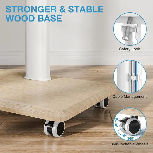 Alt view image 5 of 7 - YOMT Portable Floor TV Stand on Wheels for 32-70 Inch TVs, Tall Universal Rolling TV Stand with Swivel Mount, Elegant Lockable Mobile TV Cart with Wood Base for Living Room, Bedroom, Dorm (White)