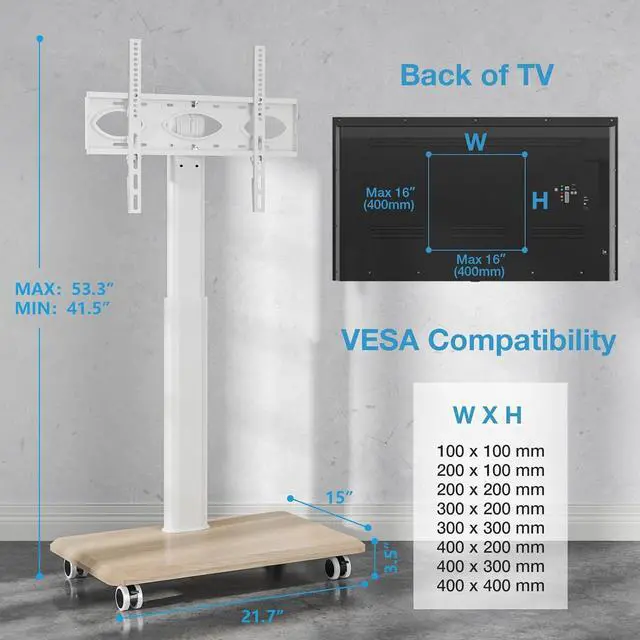 Alt view image 6 of 7 - YOMT Portable Floor TV Stand on Wheels for 32-70 Inch TVs, Tall Universal Rolling TV Stand with Swivel Mount, Elegant Lockable Mobile TV Cart with Wood Base for Living Room, Bedroom, Dorm (White)